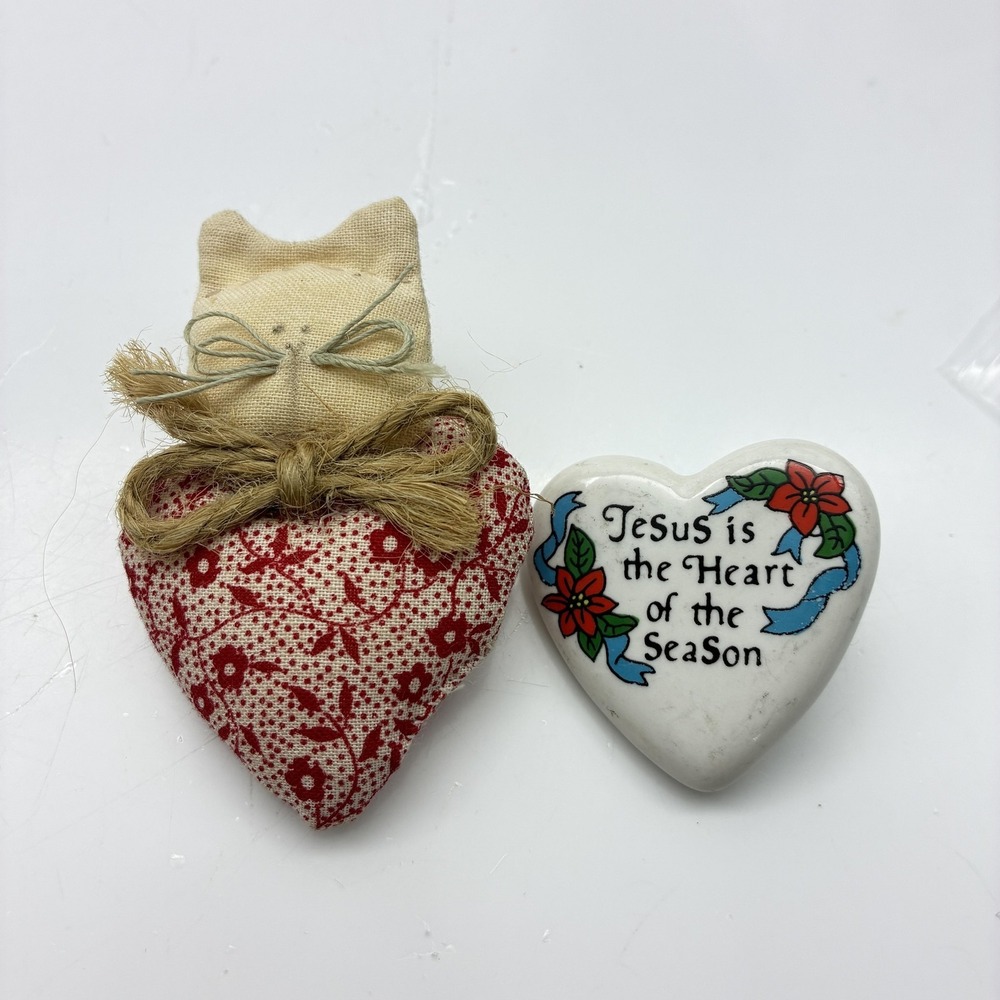 Heart Brooch Pins Lot of 2 Cat and Jesus Season Fabric Religious Christmas
